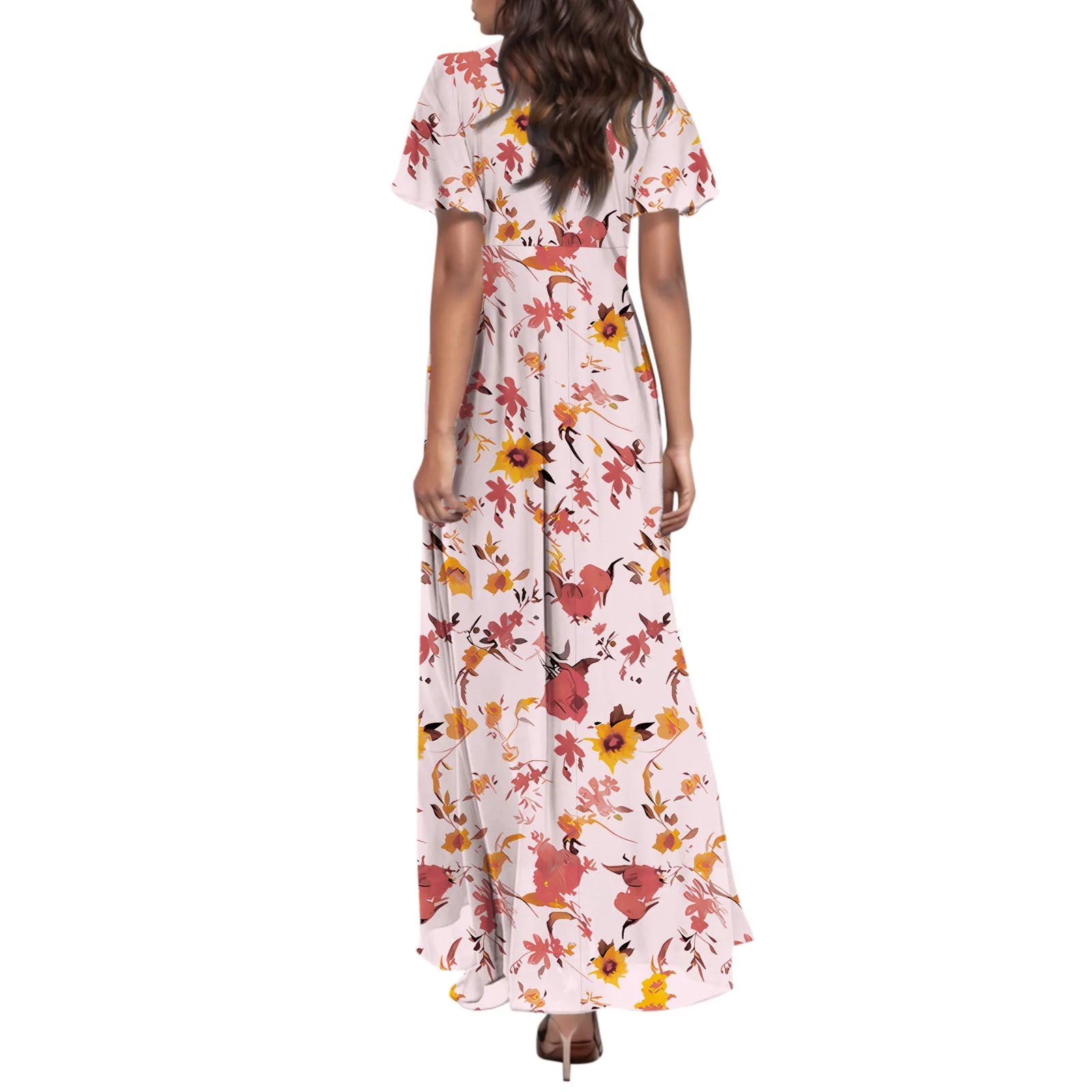 Women V-neck Ruffle Short Sleeve Maxi Dress Waist Tight High-waist Hem Sweet Floral Print Elegant Dress Female Clothing Vestidos