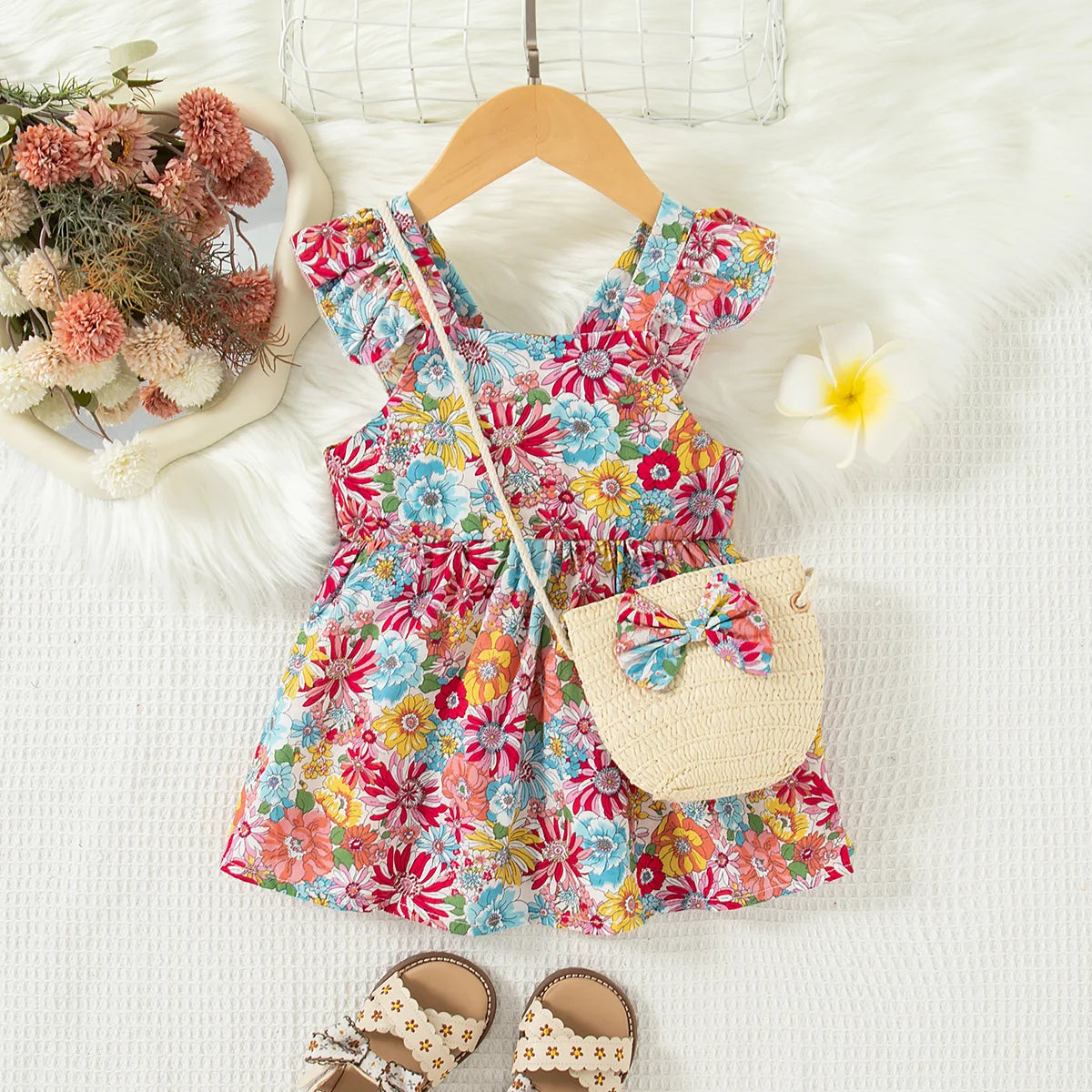 2 Pcs Summer New Baby Girl Dress Fashionable Floral Fly Sleeve Cotton Dress with Crossbody Bag Suitable for Babies Aged 0-3