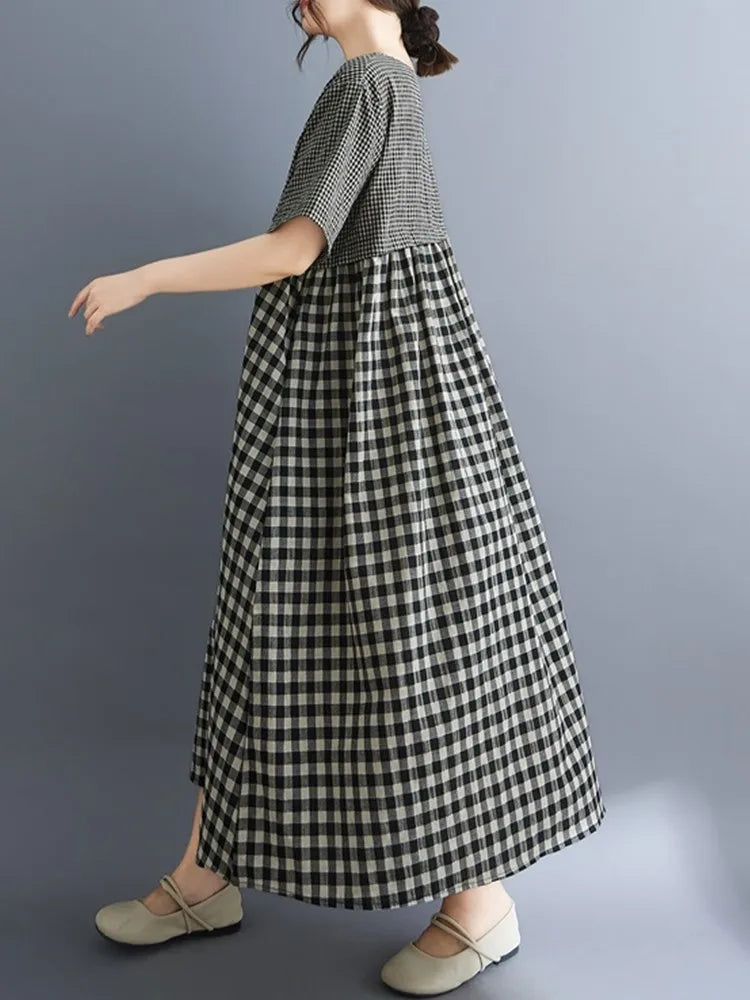 Short sleeve oversized vintage plaid patchwork new in dresses for women casual loose long summer dress elegant clothing 2025