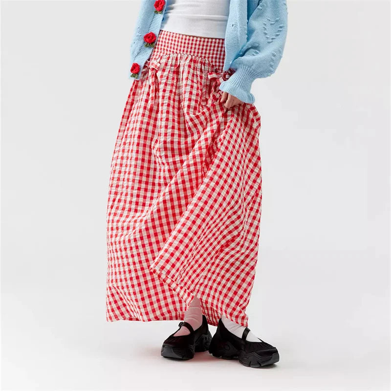 Women Y2K Bow Plaid Maxi Skirt High Waist Gingham Tiered Long Skirt Vintage A-Line Ruffle Flowy Midi Skirt Party Clubwear
