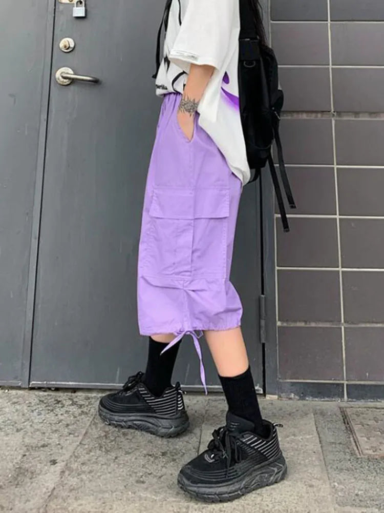 Zoki Streetwear Harajuku Oversize Bf Cargo Shorts Hip Hop Fashion High Waist Women Big Pockets Casual Shorts Summer Loose Shorts
