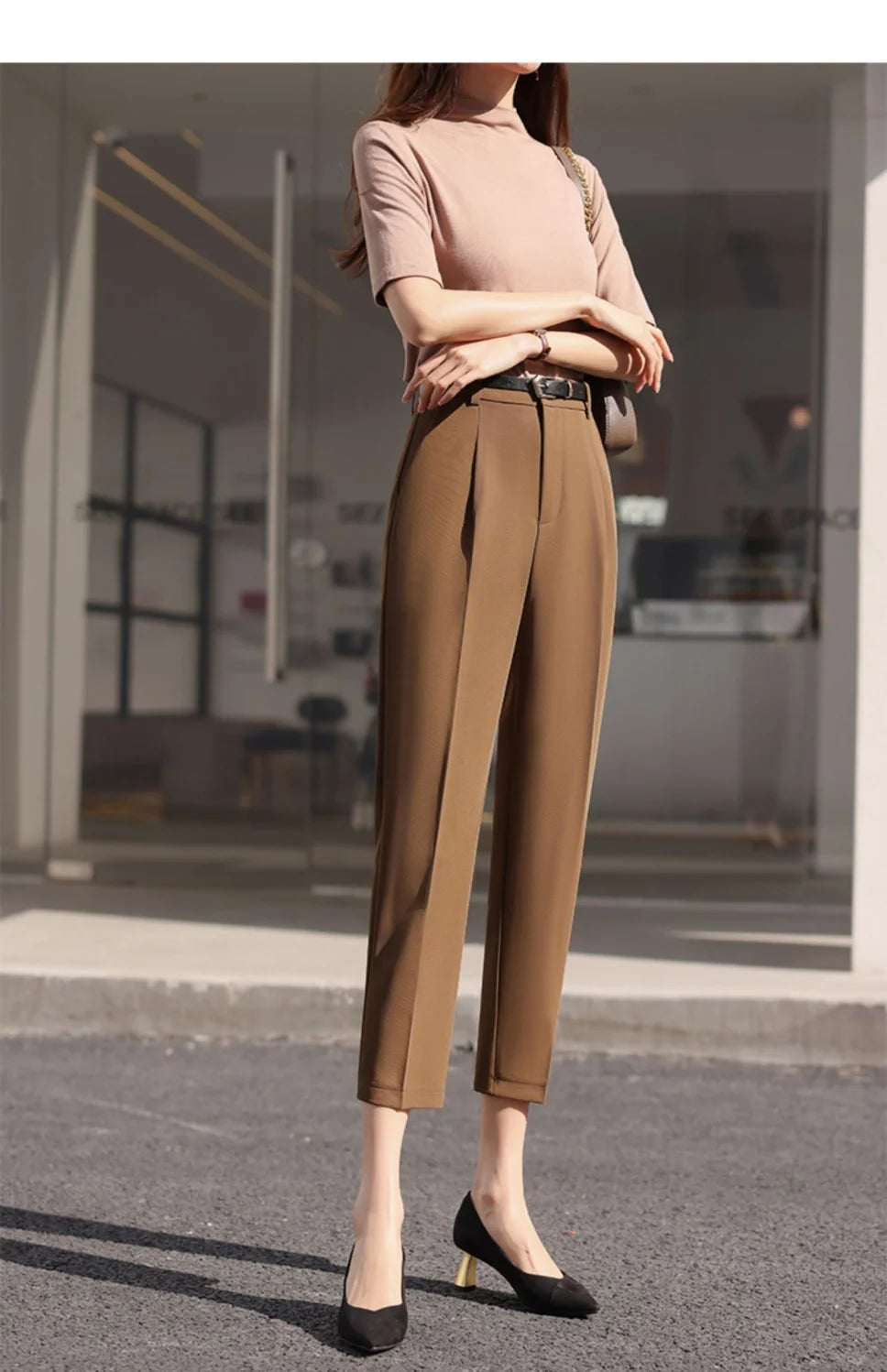 Office Lady Fashion Coffee Harlan Suit Pants Spring Summer Thin Women Koreon Women High Waist Casual Slim Cropped Trousers 2023