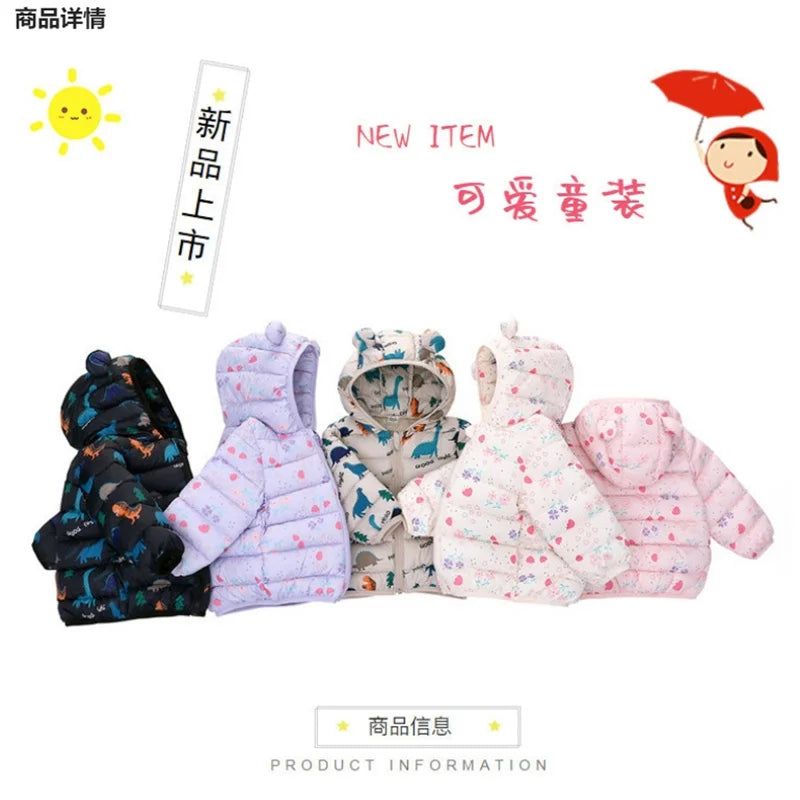 Children Boys Baby Hooded Lightweight Down Jackets Warm Outerwear Autumn Kids Girls Coats Cartoon Dinosaur Print Casual Clothing
