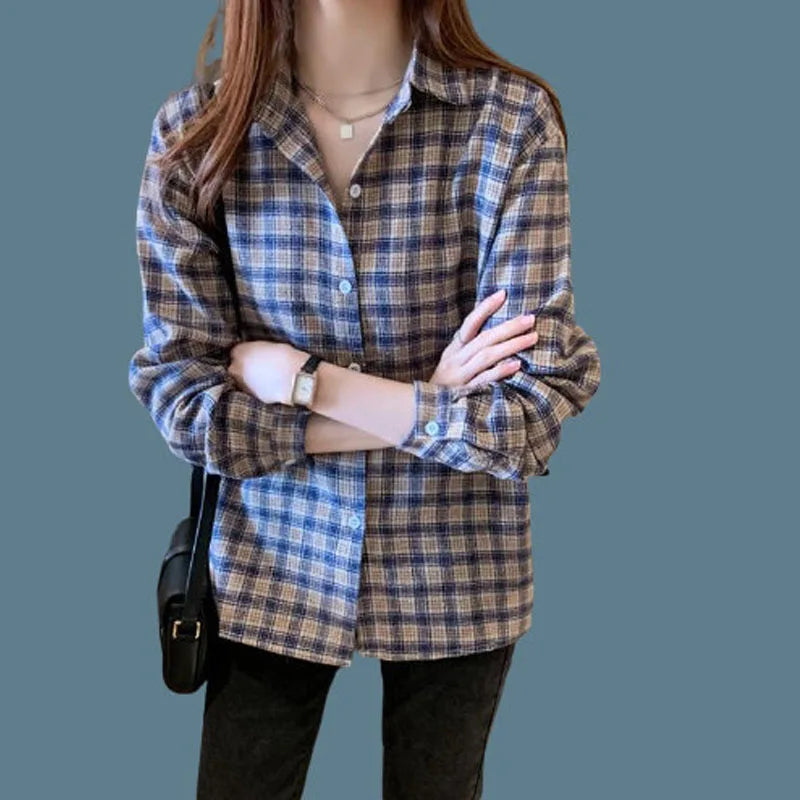 Vintage All-match Plaid Shirt for Female 2022 Spring Women's Clothing Korean Simple Turn-down Collarlong Sleeve Casual Blouses