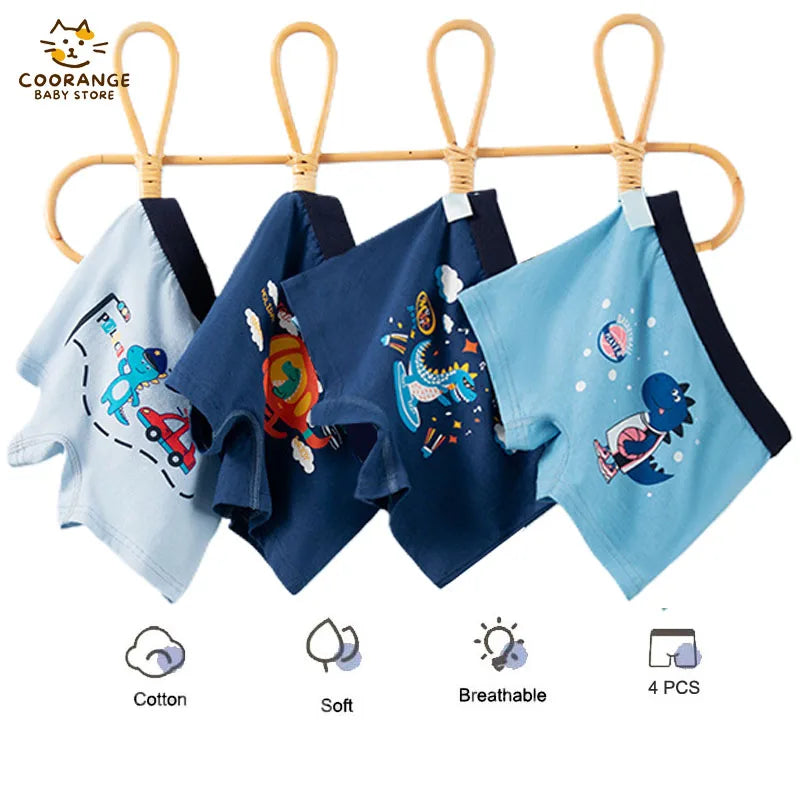 4Pcs Boys Boxers Breathable Children Boxer Briefs Cotton Cozy Comfy Kids Underwear Dinosaur Patterns Toddler Knickers 2-13Years
