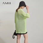 Amii Minimalist Women's Knitted Pullovers 2025 Summer Crew Neck Short-sleeved Casual Mid Long Loose Letter Jacquard Top 12542048