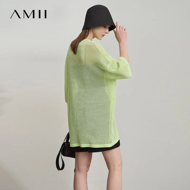 Amii Minimalist Women's Knitted Pullovers 2025 Summer Crew Neck Short-sleeved Casual Mid Long Loose Letter Jacquard Top 12542048