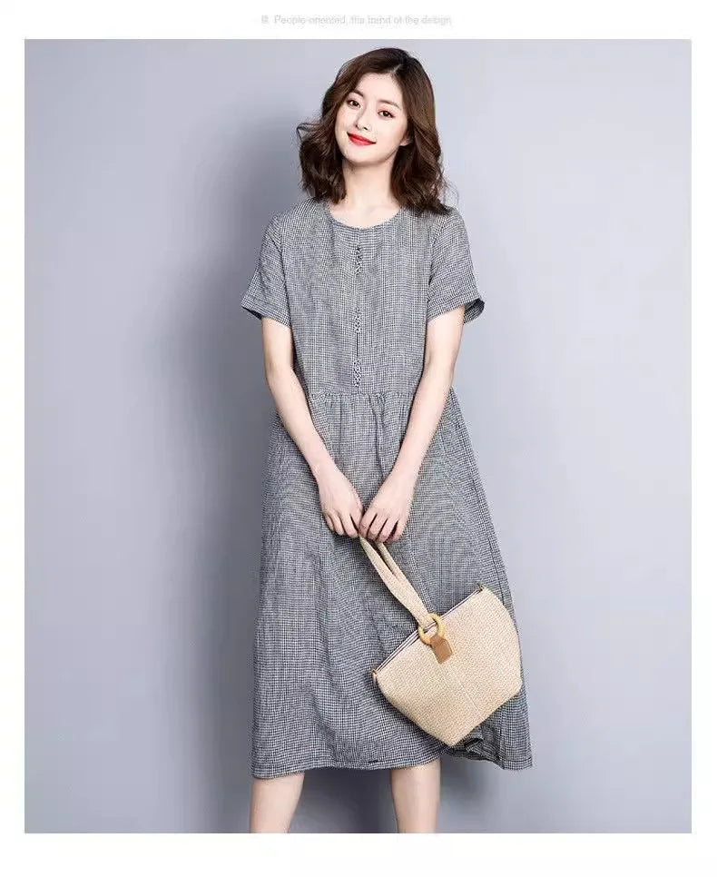 Vintage Plaid Cotton Dresses for Women 2025 New Summer Classical Ladies Midi Dress Elegant Literary Casual Loose Daily Dresses