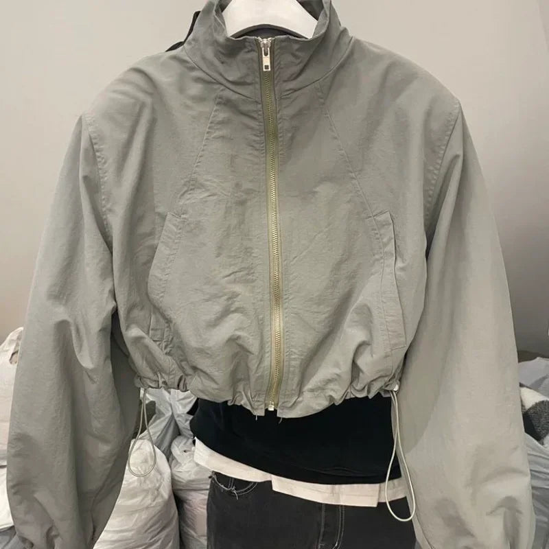 Autumn Vintage Women's Windbreaker Cropped Jackets Harajuku Oversized Streetwear Long Sleeve Casual Fashion Female Elegant Top
