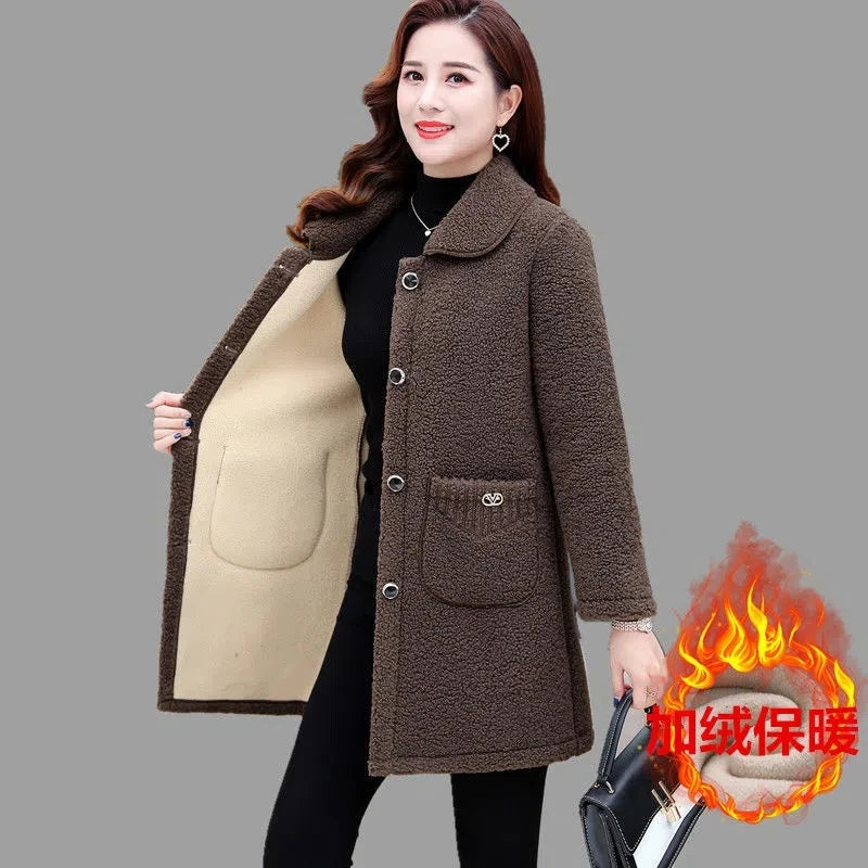 Middle-aged Mothers Faux lamb Wool Coat 2024 Autumn Winter Loose Long-sleeve Outerwear Solid Female Jacket Parkas Casual Tops