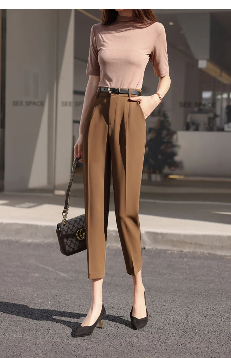 Office Lady Fashion Coffee Harlan Suit Pants Spring Summer Thin Women Koreon Women High Waist Casual Slim Cropped Trousers 2023