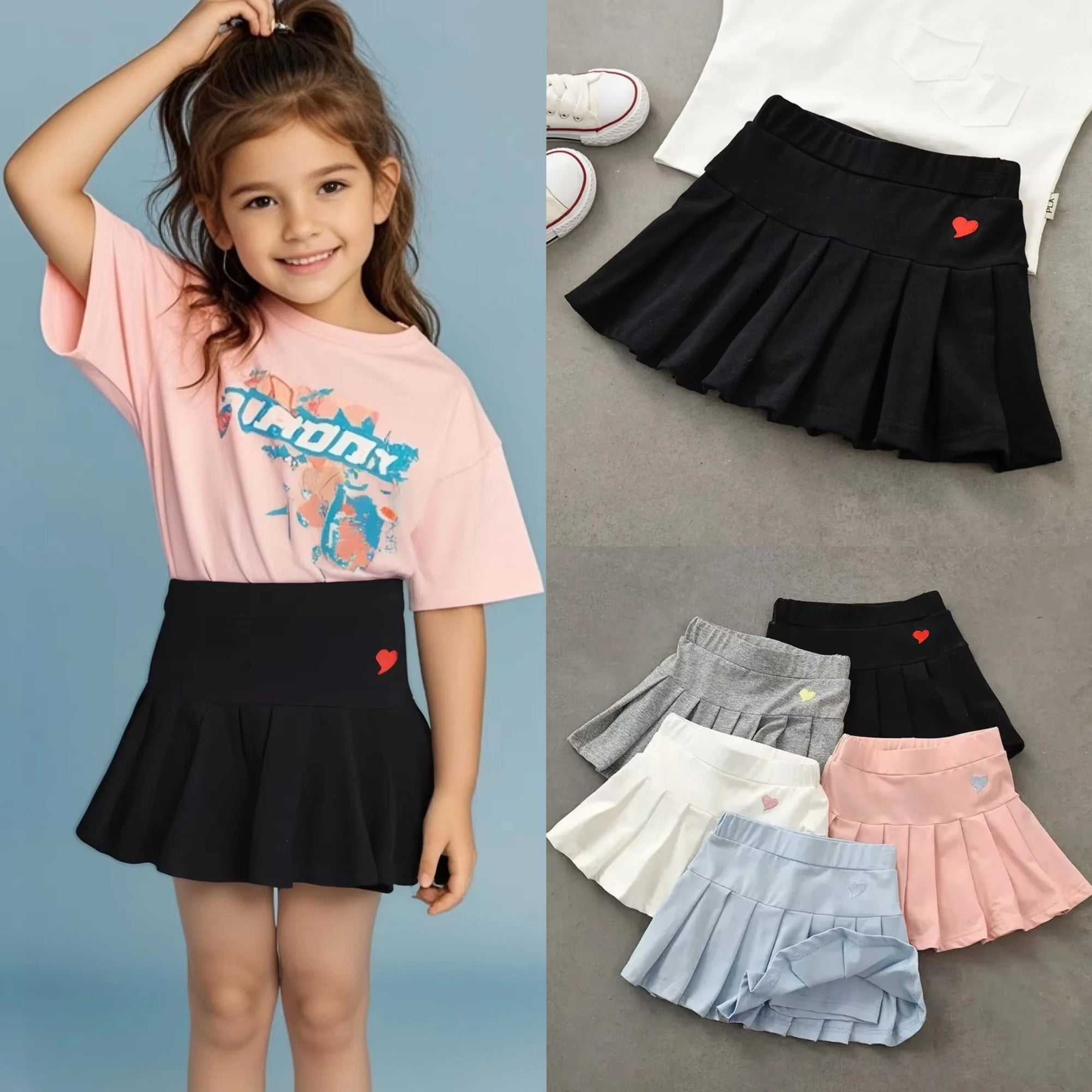 Girls Skirts Jk Pleated Skirt Candy Color Embroidery Love Solid Color Simple Casual Loungewear Outfit Children's Clothes