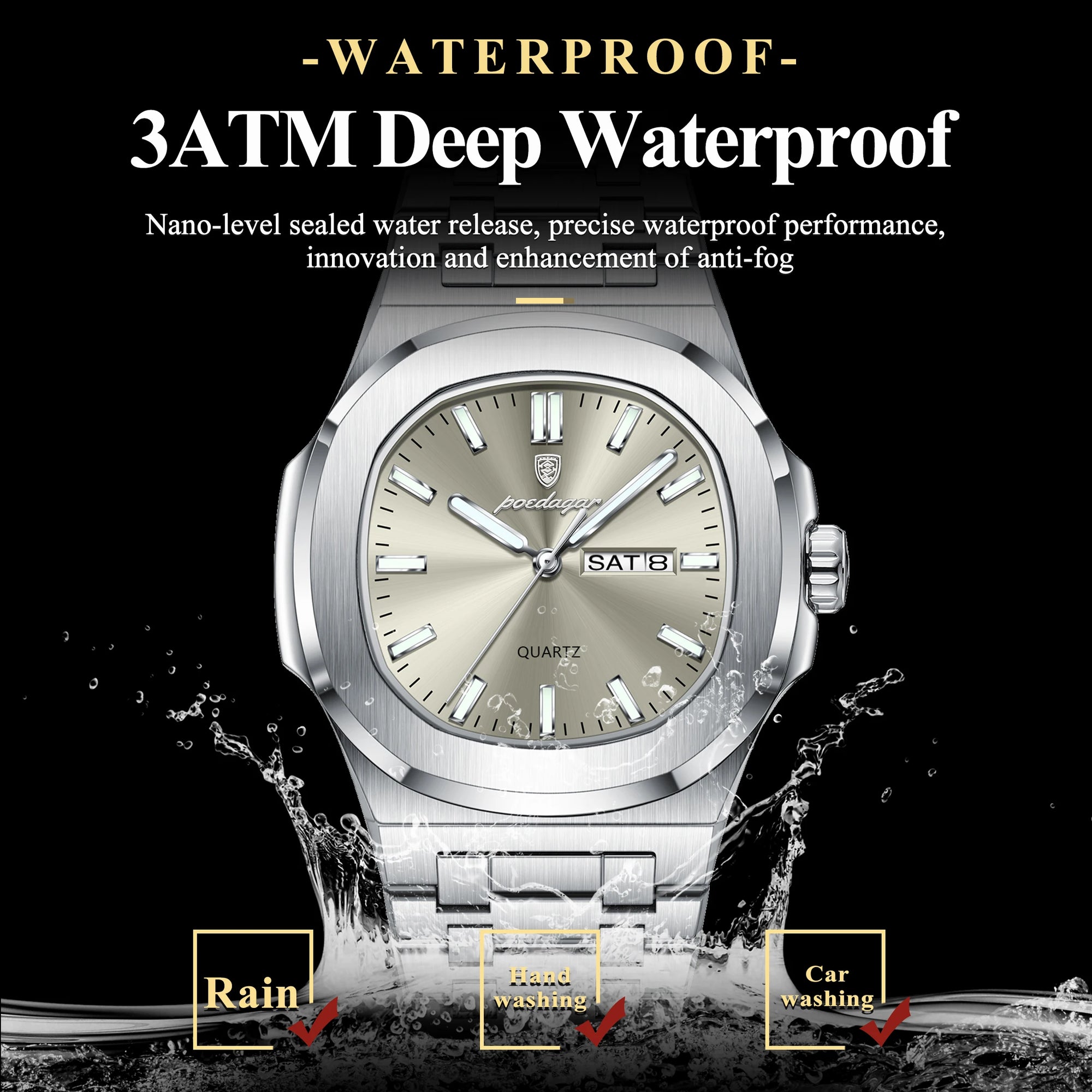 POEDAGAR Trendy Casual Wristwatch For Men Week Date Stainless Steel Man Watch Luminous Waterproof Luxury Quartz Men Watches+Box