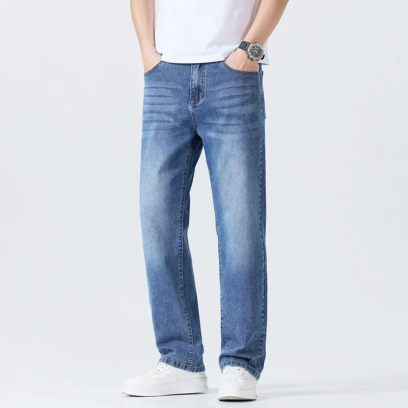 Summer Thin Straight Jeans Men's Clothing Soft Breathable Trousers Male Brand Comfortable Business Loose Denim Pants Retro Y2K