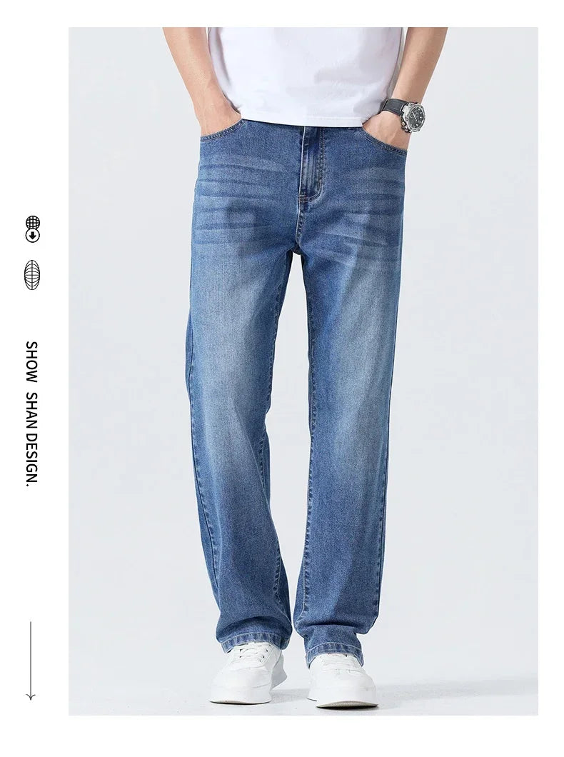 Summer Thin Straight Jeans Men's Clothing Soft Breathable Trousers Male Brand Comfortable Business Loose Denim Pants Retro Y2K