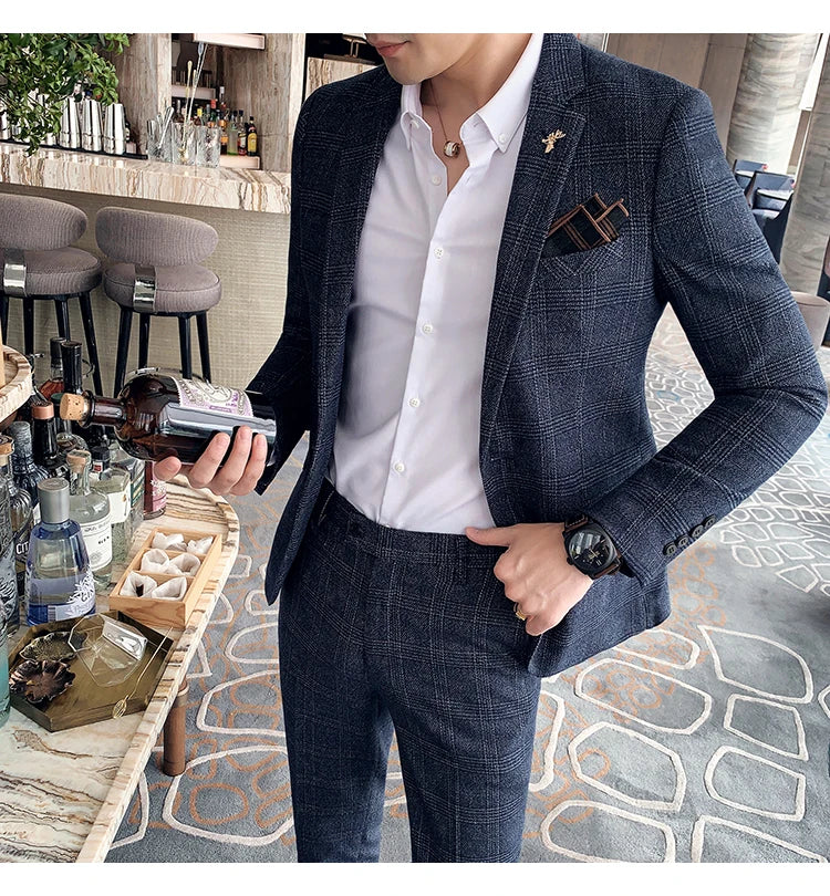 Men Luxury Slim Fit Check Suits Men Boutique Business Casual Formal Suits Sets Blazers+Pants Wedding Social Tuxedo Dress Homme