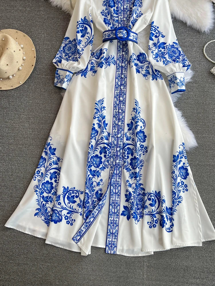 Spring Maxi Belt Dresses for Women Chic Vintage Printing Robe Femme Stand Neck Tunic Lantern Sleeve Dress 2024 Vestidos De Mujer