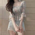 Chiffon Shirt for Women New Floral Flared Sleeves Wrapped in Chest and Waist to Make Them Look Slim Top for Women