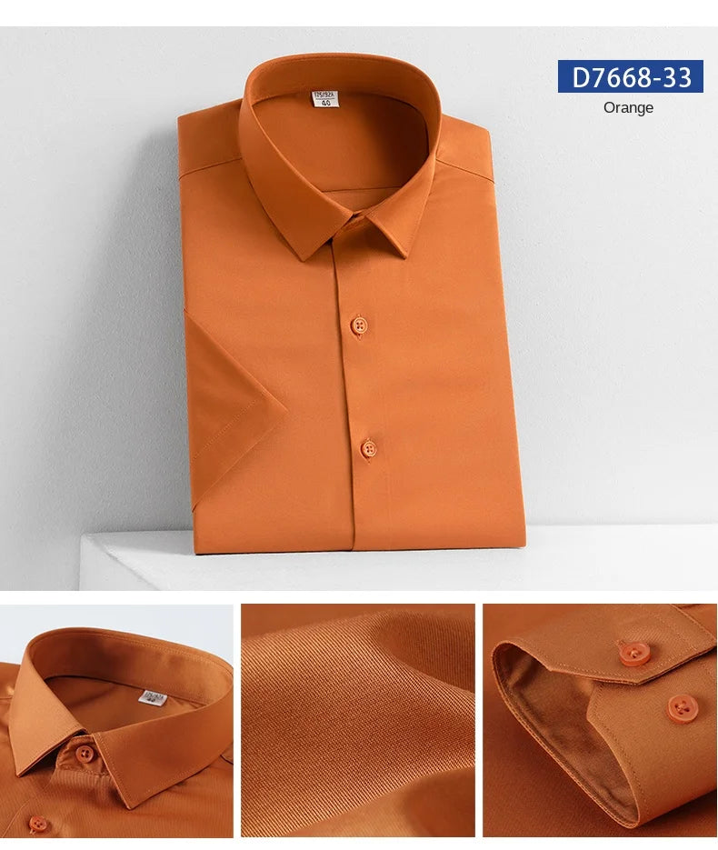 2023 Summer Short Sleeve High Density Silky Material Solid  Elastic Business Men Dress Shirts No Pocket Stretch Clothes