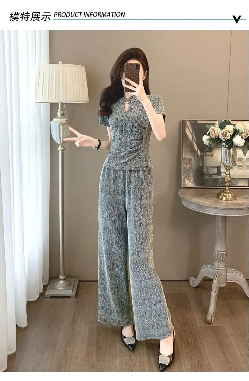Fashion suit women's summer new style high-end feeling new Chinese style short sleeved top+casual wide leg pants two-piece set