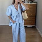 Summer Casual Cotton 2 Piece Set Women Outfit Deep V Neck Short Puff Sleeve Pullover Top Long Trousers Loose Lady Two Piece Suit