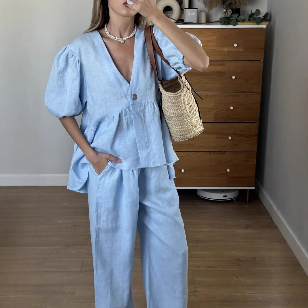 Summer Casual Cotton 2 Piece Set Women Outfit Deep V Neck Short Puff Sleeve Pullover Top Long Trousers Loose Lady Two Piece Suit