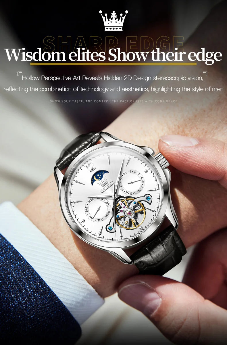 OLEVS 6663 Mens Watch Original Mechanical Watch Tourbillon Waterproof Luminous Leather Strap Moon Phase Day-Date Watch With Box