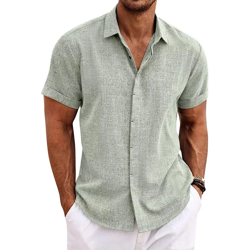 Men Cotton Linen Hot Sale Men's Short-Sleeved Shirts Summer Solid Color Turn-down Collar Casual Beach Style Plus Size Tops