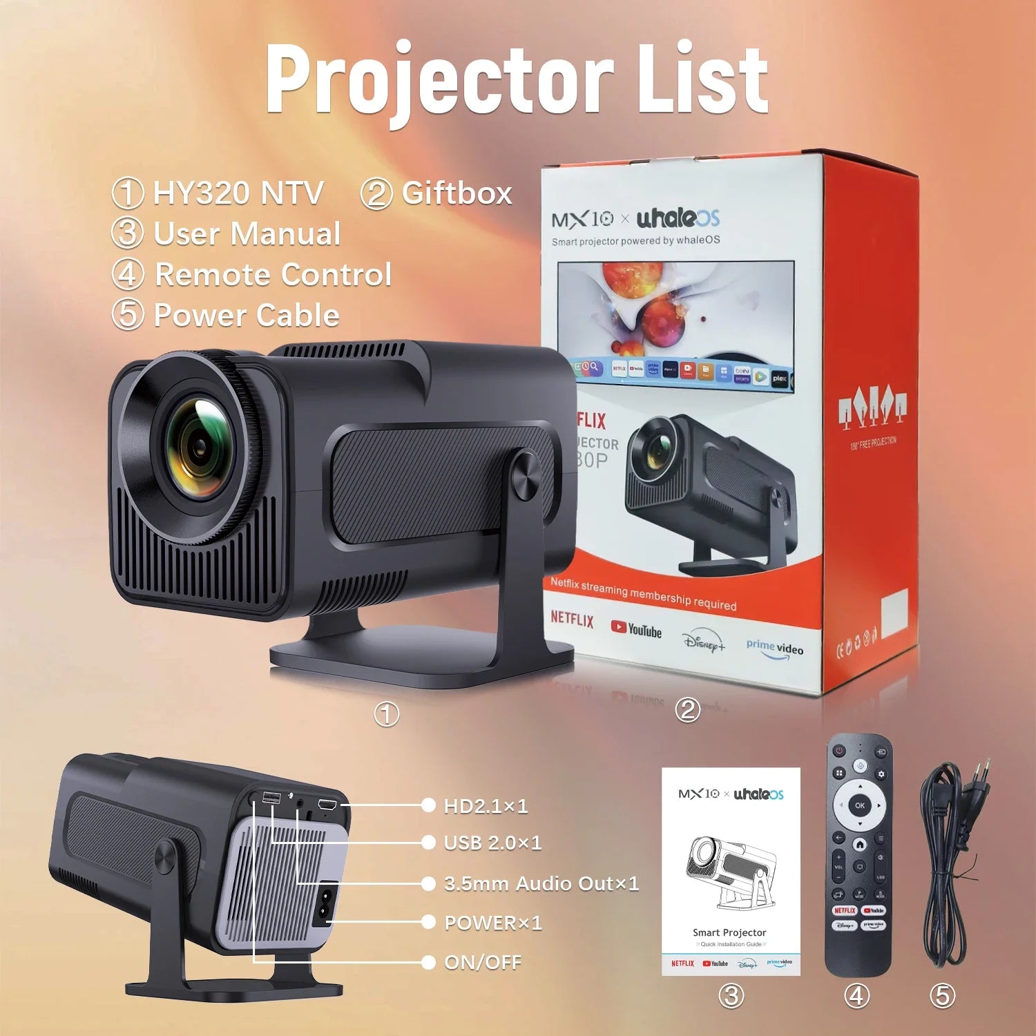 Projector Netflix Officially Licensed HY320 Android 11 1080P 500ANSI Amlogic S950D4 WIFi6.0 BT5.2 Mini 4K Projector