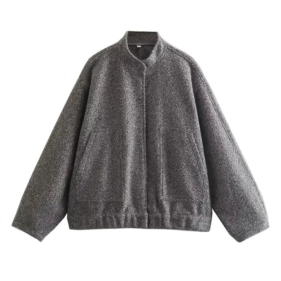 MiuKoMiYa Army Green Short Wool Blend Bomber Jackets For Women Winter Outdoor Women's Woolen Blend Coat Women Loose Wool Jacket