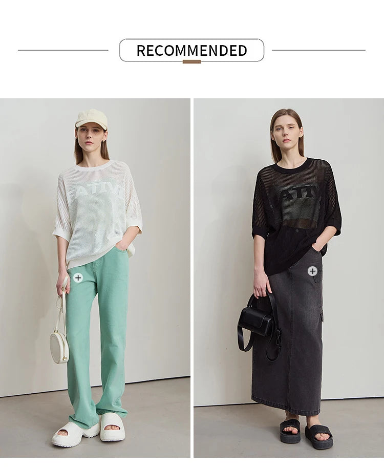 Amii Minimalist Women's Hollowed-out Knitted Pullover 2025 Summer New Half-sleeve Crew Neck Loose Blouse Thin Solid Top 12542139