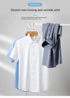 2023 Summer Short Sleeve High Density Silky Material Solid  Elastic Business Men Dress Shirts No Pocket Stretch Clothes