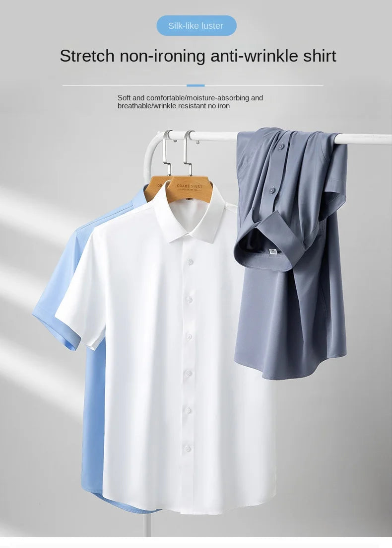 2023 Summer Short Sleeve High Density Silky Material Solid  Elastic Business Men Dress Shirts No Pocket Stretch Clothes