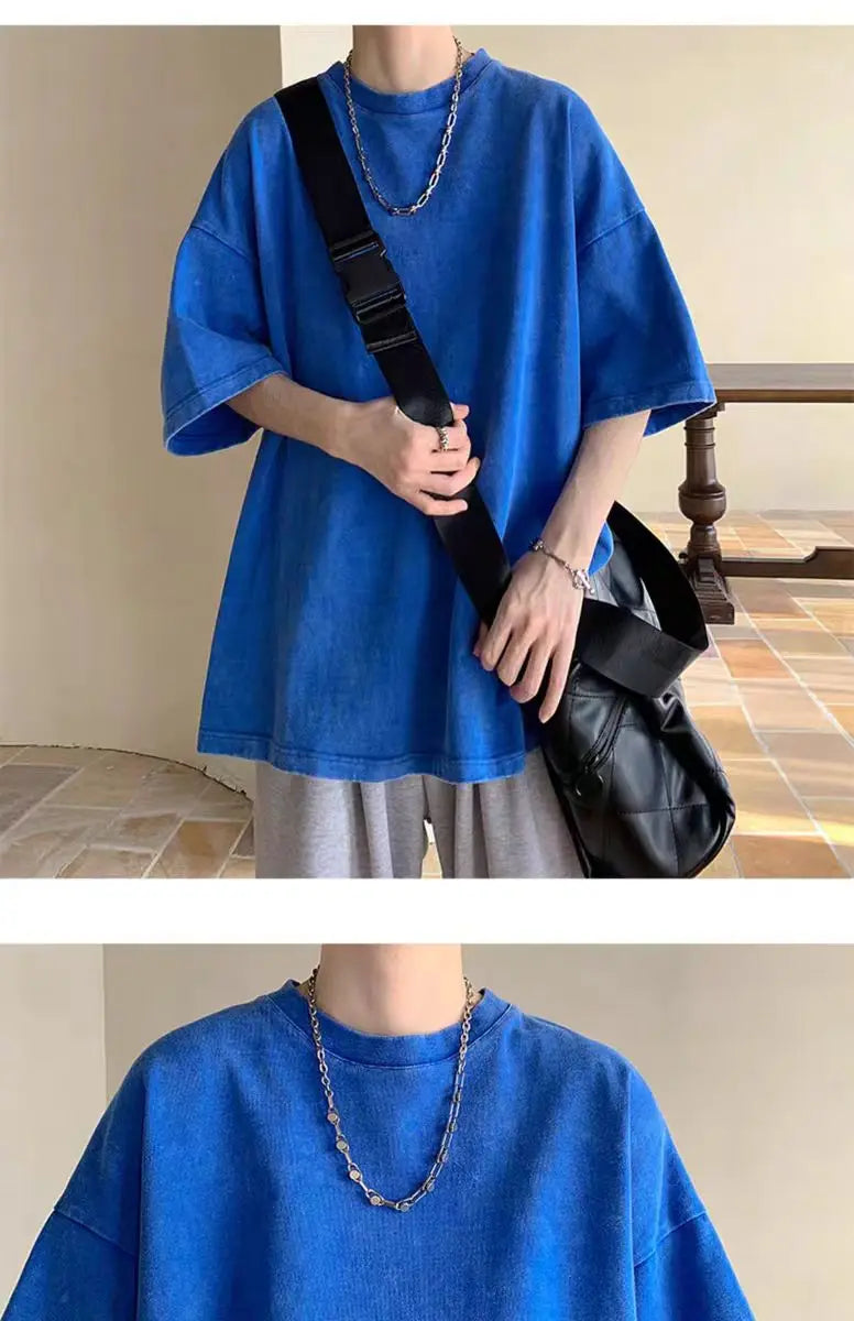 2025 summer European code wash heavy short sleeve T-shirt for young men pure cotton solid color loose retro round neck half slee