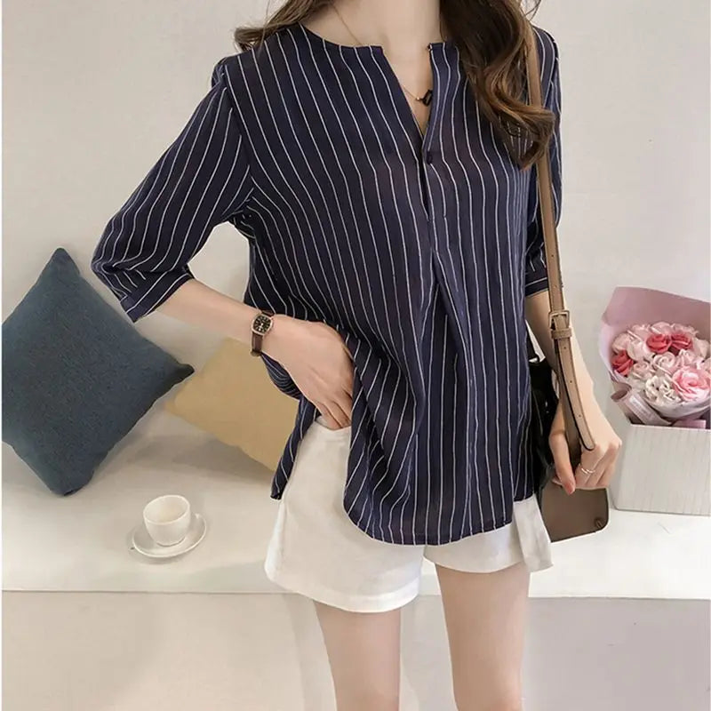 Office Lady Women's Clothing Fashion Casual Striped Loose Three Quarter Sleeve Summer Thin Simplicity Round Neck Button Blouses