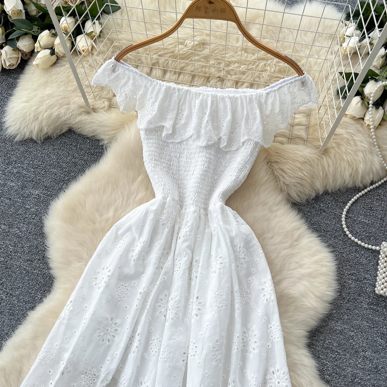SINGREINY Chic Embroidery Hollow Out Dress Ruffles Splice Off Shoulder Elastic Ruched Slim 2025 Solid Gentle Vacation Long Dress
