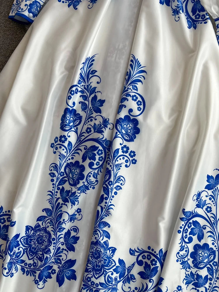 Spring Maxi Belt Dresses for Women Chic Vintage Printing Robe Femme Stand Neck Tunic Lantern Sleeve Dress 2024 Vestidos De Mujer