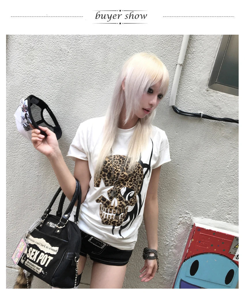 Karrcat Trashy Y2k Skull Print T-shirt Grunge Aesthetics Short Sleeve Tee Shirt Vintage 2000s Style Streetwear Gothic Punk 90s