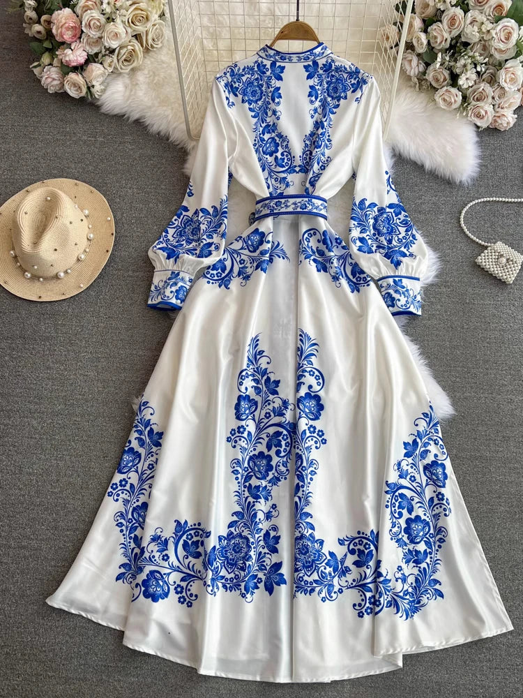 Spring Maxi Belt Dresses for Women Chic Vintage Printing Robe Femme Stand Neck Tunic Lantern Sleeve Dress 2024 Vestidos De Mujer