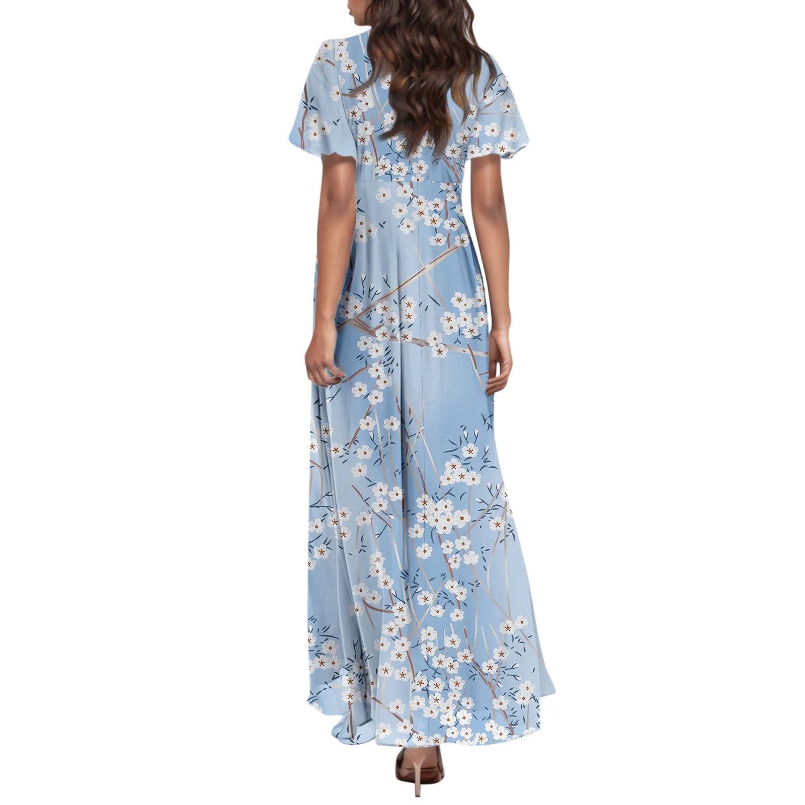 Women V-neck Ruffle Short Sleeve Maxi Dress Waist Tight High-waist Hem Sweet Floral Print Elegant Dress Female Clothing Vestidos