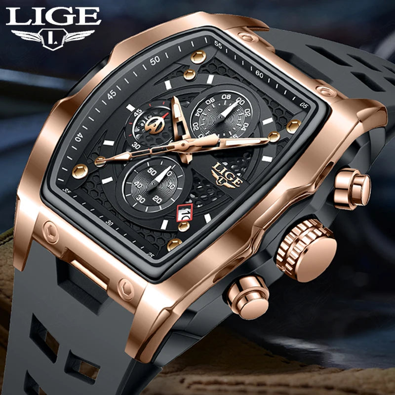 LIGE Quartz Mens Watches Fashion Business Military Wrist Watch For Men Silicone Sport Waterproof Chronograph Square Watch Men