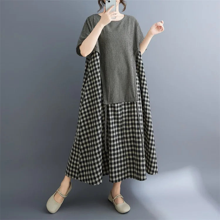 Short sleeve oversized vintage plaid patchwork new in dresses for women casual loose long summer dress elegant clothing 2025