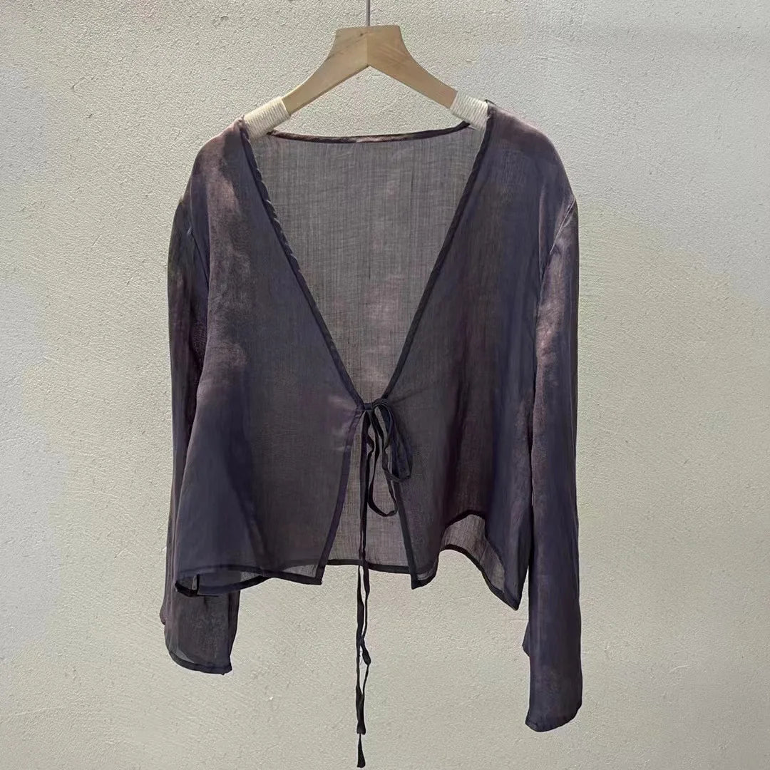 Johnature Original Vintage Chinese Style Linen Frenulum Shirt 2024 Summer Woman New V-Neck Long Sleeves Design Casual Shirt