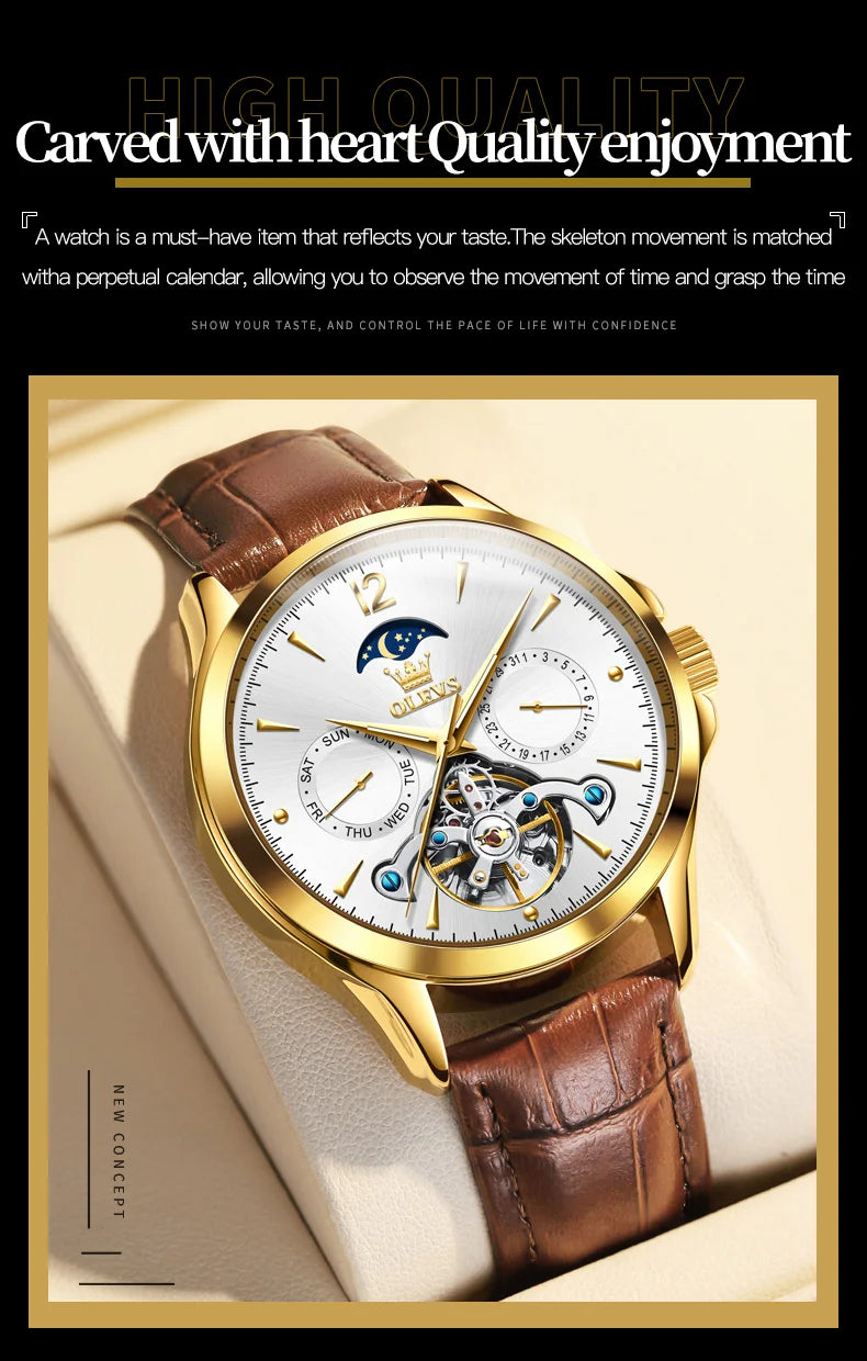 OLEVS 6663 Mens Watch Original Mechanical Watch Tourbillon Waterproof Luminous Leather Strap Moon Phase Day-Date Watch With Box