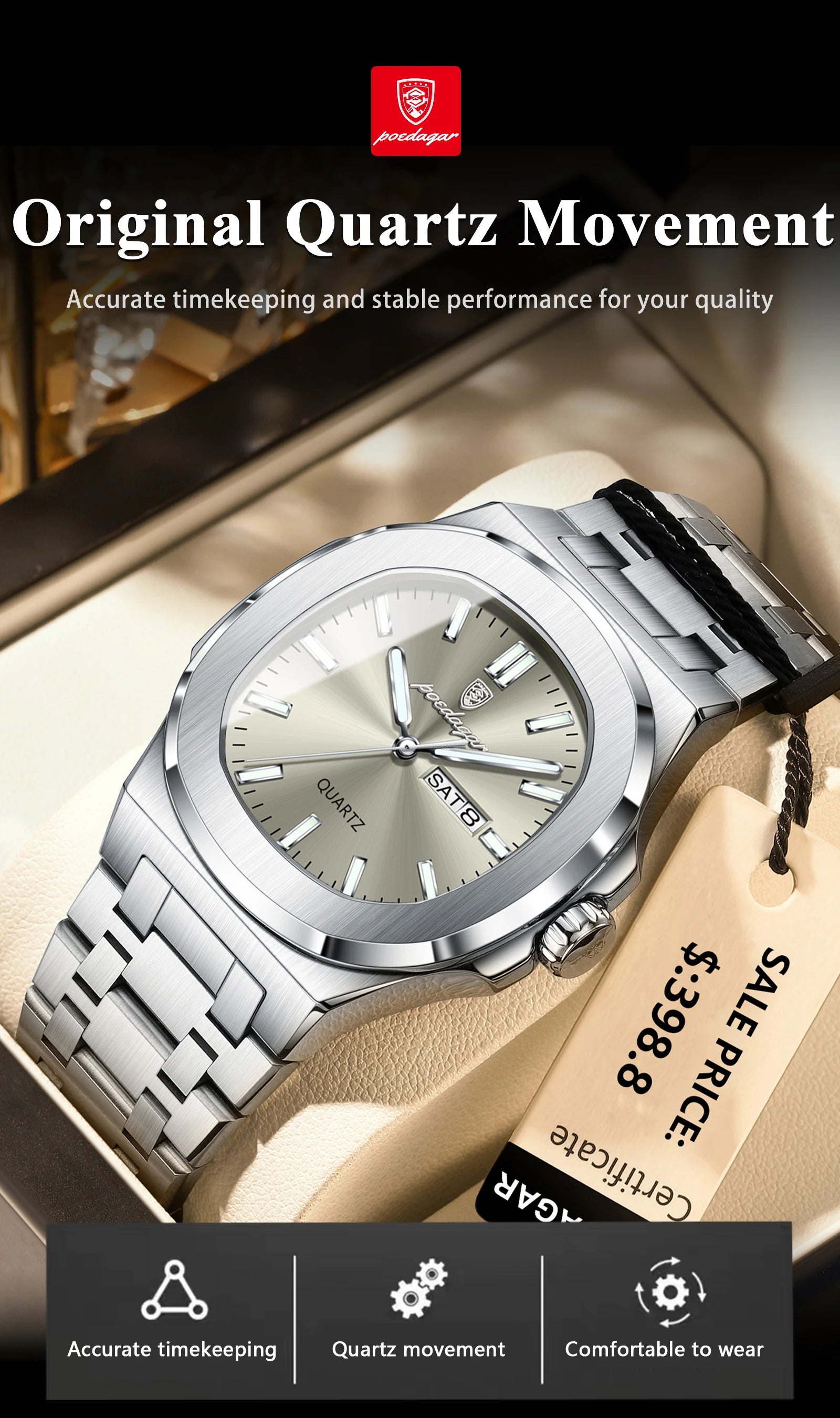 POEDAGAR Trendy Casual Wristwatch For Men Week Date Stainless Steel Man Watch Luminous Waterproof Luxury Quartz Men Watches+Box