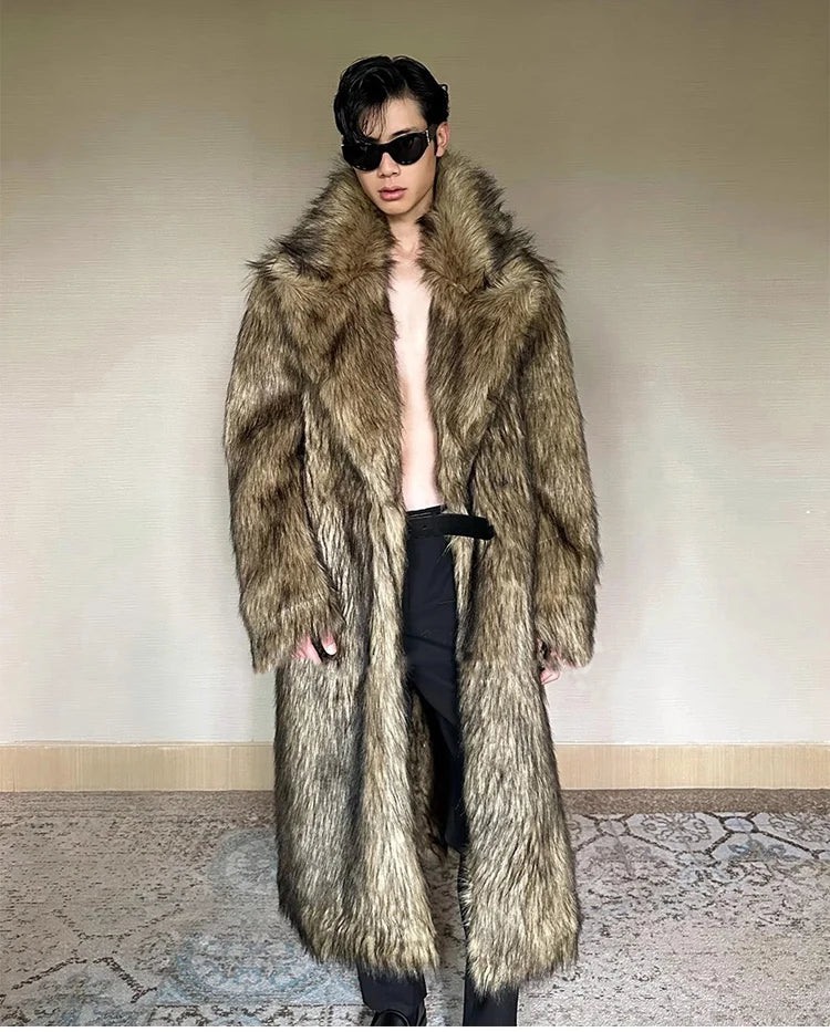 Men's fur coat, Wolf fur, fox fur, lapel long overcoat, winter windproof and warm windbreaker, large size