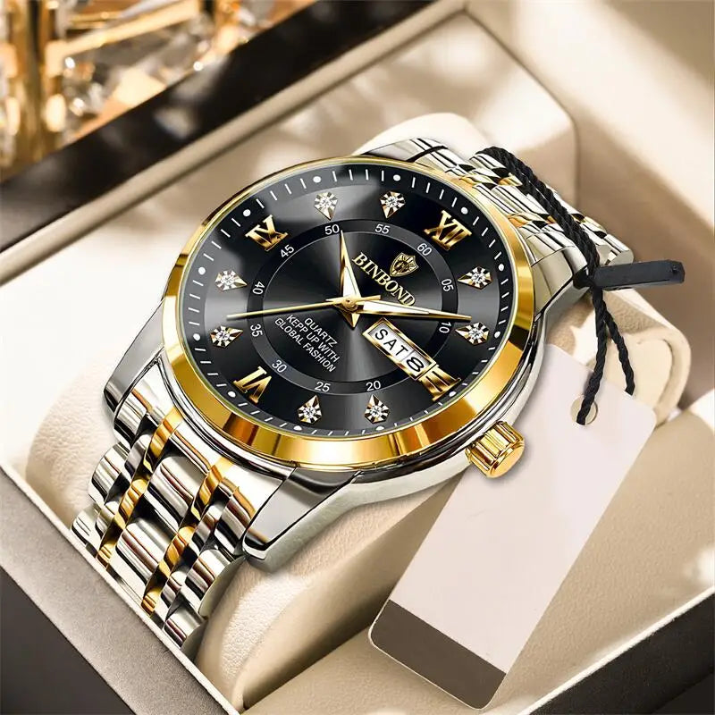 2025 Quartz Watch for Men Luxury Diamonds Gold Watch Waterproof Luminous Stainless Steel Business Men's Quartz Watch Mens Watch