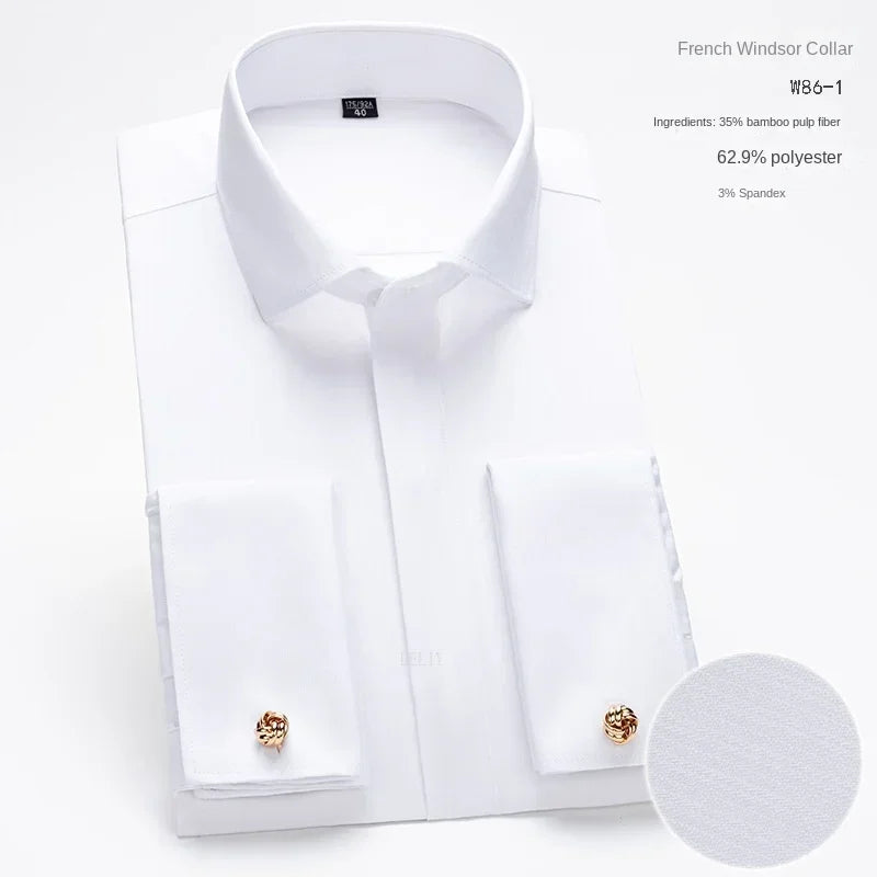 2024 Niche Chic Double Folded Sleeve Windsor Collar  Business Long-sleeved Shirt Men's High-grade  Dress random French Cufflinks