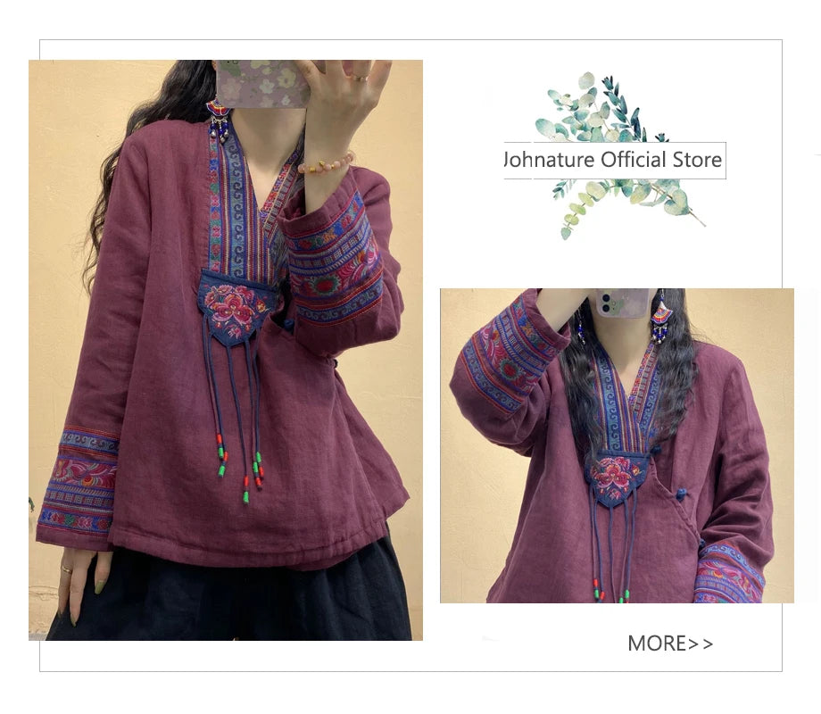 Johnature Original Vintage Chinese Style Linen Frenulum Shirt 2024 Summer Woman New V-Neck Long Sleeves Design Casual Shirt