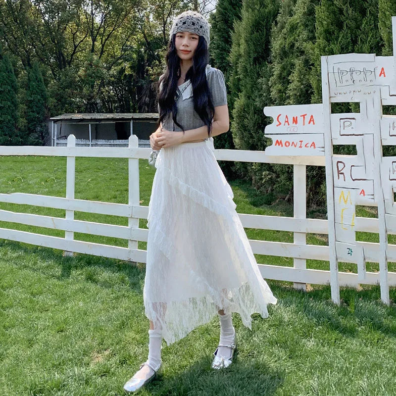 White Lace Irregular Maxi Skirts Women Vintage Ruffles Spliced A-Line Skirts Woman Summer Design Sheer High Waist Cake Skirt